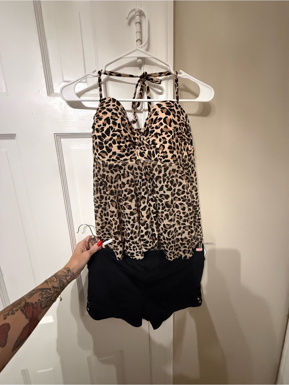Leopard Print Halter Tankini Top - Beige/Brown